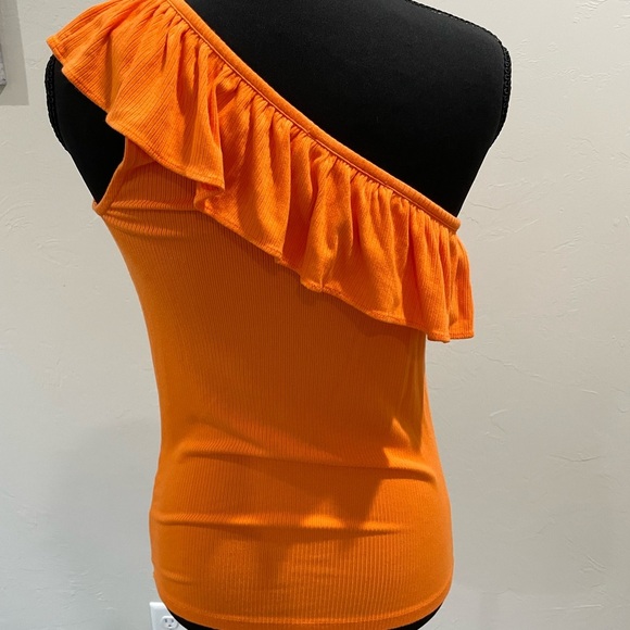 LOFT Bright Orange One-Shoulder Ruffle Blouse - Picture 3 of 6